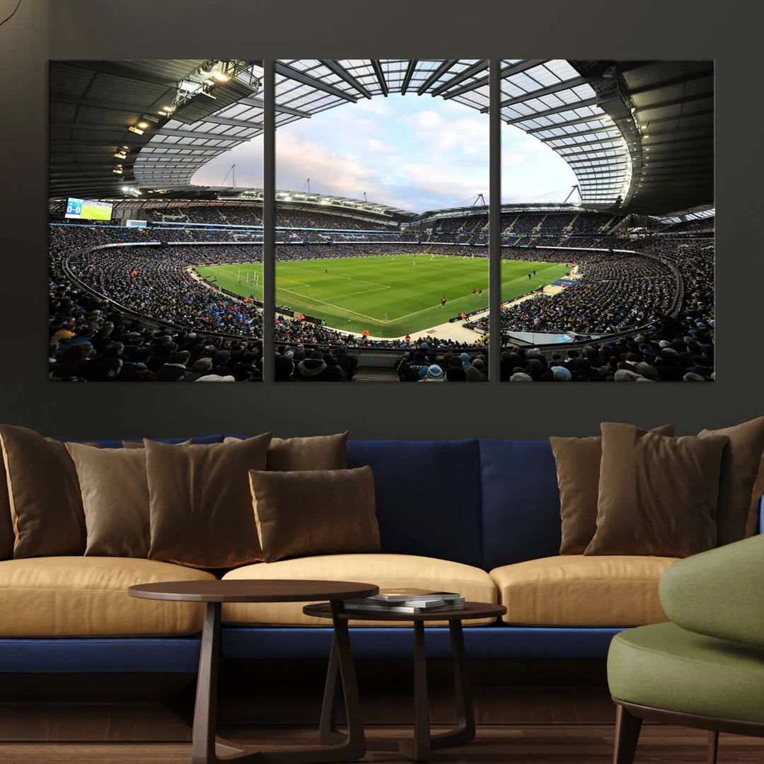 A panoramic view of Manchester City's Etihad Stadium during a football match is captured in this premium canvas art. This striking triptych wall decor, named the "Manchester City Etihad Stadium Wall Art Canvas Print - Premier League Football Stadium," adds an elegant touch to any room.