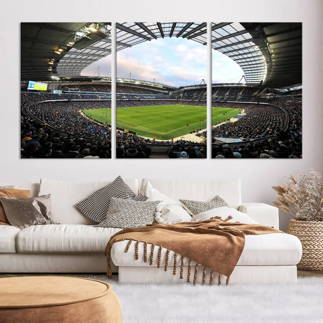 A panoramic view of Manchester City's Etihad Stadium during a football match is captured in this premium canvas art. This striking triptych wall decor, named the "Manchester City Etihad Stadium Wall Art Canvas Print - Premier League Football Stadium," adds an elegant touch to any room.