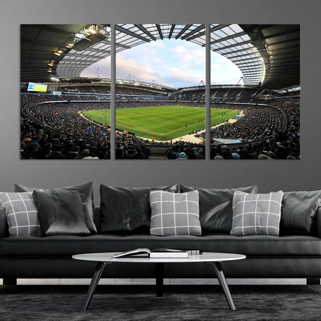 A panoramic view of Manchester City's Etihad Stadium during a football match is captured in this premium canvas art. This striking triptych wall decor, named the "Manchester City Etihad Stadium Wall Art Canvas Print - Premier League Football Stadium," adds an elegant touch to any room.