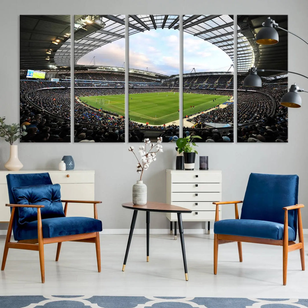 A panoramic view of Manchester City's Etihad Stadium during a football match is captured in this premium canvas art. This striking triptych wall decor, named the "Manchester City Etihad Stadium Wall Art Canvas Print - Premier League Football Stadium," adds an elegant touch to any room.