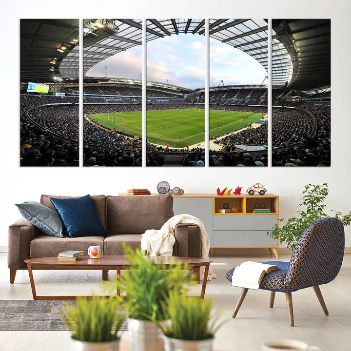 A panoramic view of Manchester City's Etihad Stadium during a football match is captured in this premium canvas art. This striking triptych wall decor, named the "Manchester City Etihad Stadium Wall Art Canvas Print - Premier League Football Stadium," adds an elegant touch to any room.