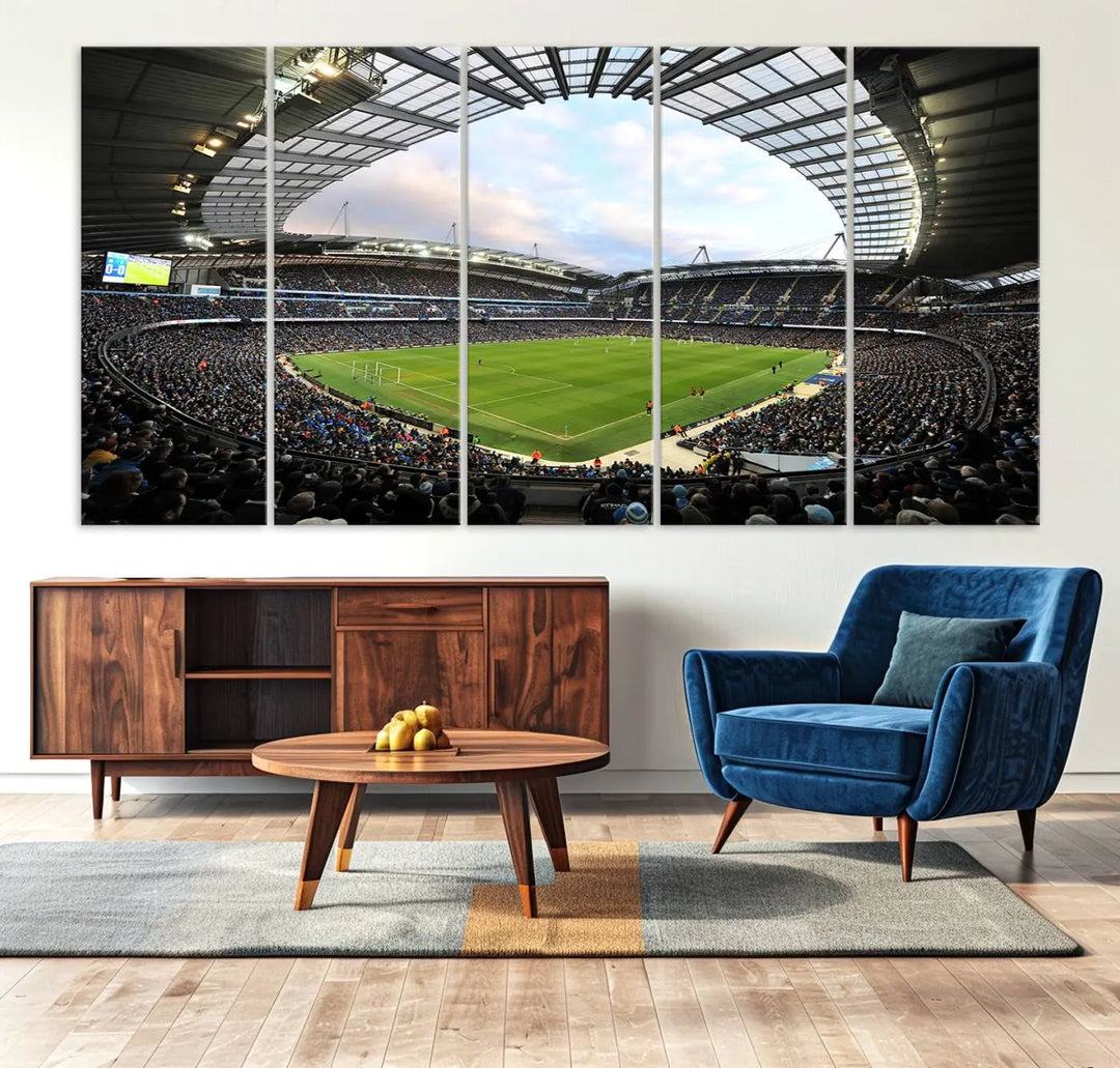 A panoramic view of Manchester City's Etihad Stadium during a football match is captured in this premium canvas art. This striking triptych wall decor, named the "Manchester City Etihad Stadium Wall Art Canvas Print - Premier League Football Stadium," adds an elegant touch to any room.