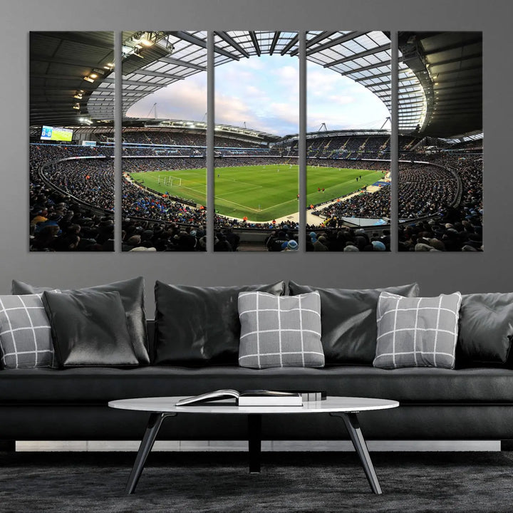 A panoramic view of Manchester City's Etihad Stadium during a football match is captured in this premium canvas art. This striking triptych wall decor, named the "Manchester City Etihad Stadium Wall Art Canvas Print - Premier League Football Stadium," adds an elegant touch to any room.