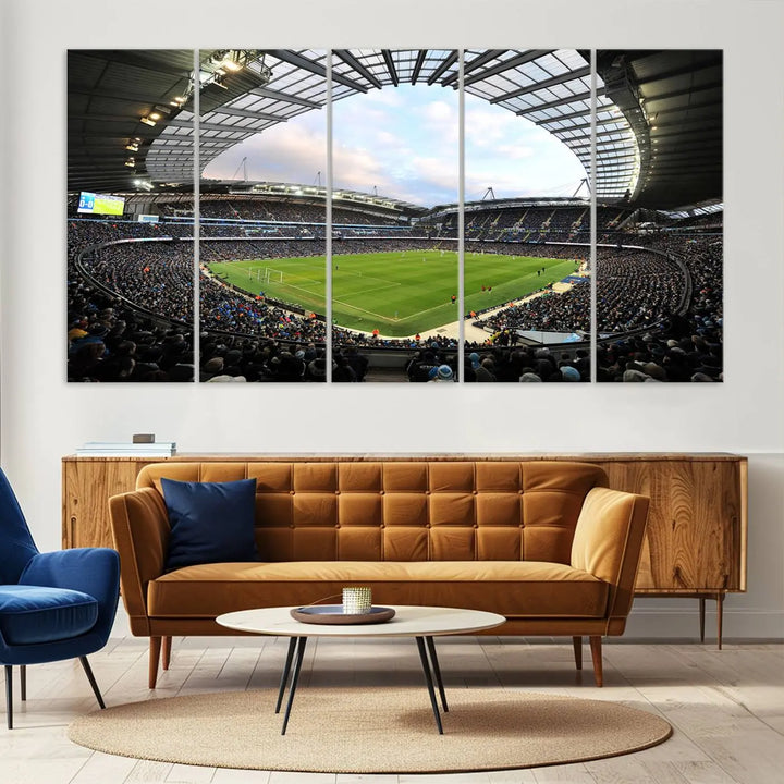 A panoramic view of Manchester City's Etihad Stadium during a football match is captured in this premium canvas art. This striking triptych wall decor, named the "Manchester City Etihad Stadium Wall Art Canvas Print - Premier League Football Stadium," adds an elegant touch to any room.