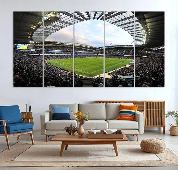 A panoramic view of Manchester City's Etihad Stadium during a football match is captured in this premium canvas art. This striking triptych wall decor, named the "Manchester City Etihad Stadium Wall Art Canvas Print - Premier League Football Stadium," adds an elegant touch to any room.