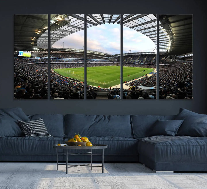 A panoramic view of Manchester City's Etihad Stadium during a football match is captured in this premium canvas art. This striking triptych wall decor, named the "Manchester City Etihad Stadium Wall Art Canvas Print - Premier League Football Stadium," adds an elegant touch to any room.