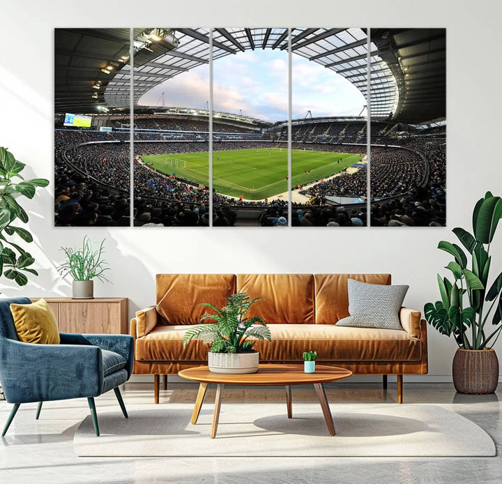 A panoramic view of Manchester City's Etihad Stadium during a football match is captured in this premium canvas art. This striking triptych wall decor, named the "Manchester City Etihad Stadium Wall Art Canvas Print - Premier League Football Stadium," adds an elegant touch to any room.