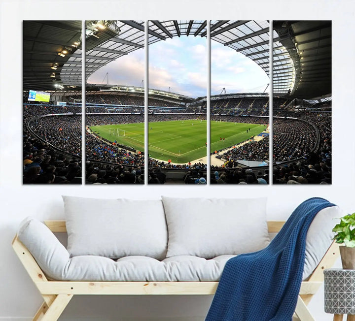 A panoramic view of Manchester City's Etihad Stadium during a football match is captured in this premium canvas art. This striking triptych wall decor, named the "Manchester City Etihad Stadium Wall Art Canvas Print - Premier League Football Stadium," adds an elegant touch to any room.