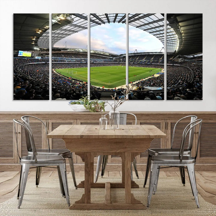 A panoramic view of Manchester City's Etihad Stadium during a football match is captured in this premium canvas art. This striking triptych wall decor, named the "Manchester City Etihad Stadium Wall Art Canvas Print - Premier League Football Stadium," adds an elegant touch to any room.