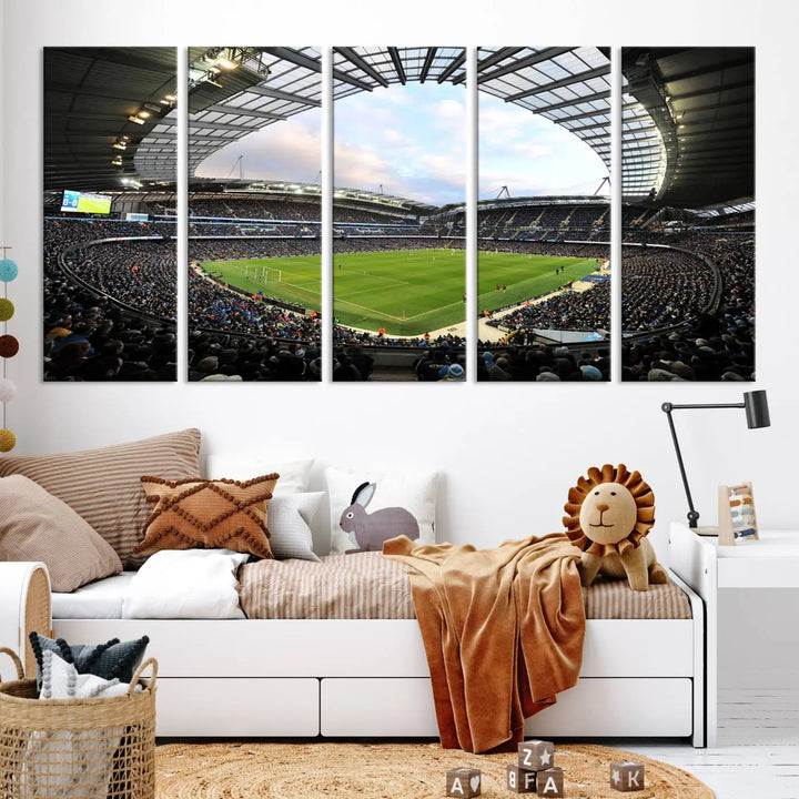 A panoramic view of Manchester City's Etihad Stadium during a football match is captured in this premium canvas art. This striking triptych wall decor, named the "Manchester City Etihad Stadium Wall Art Canvas Print - Premier League Football Stadium," adds an elegant touch to any room.