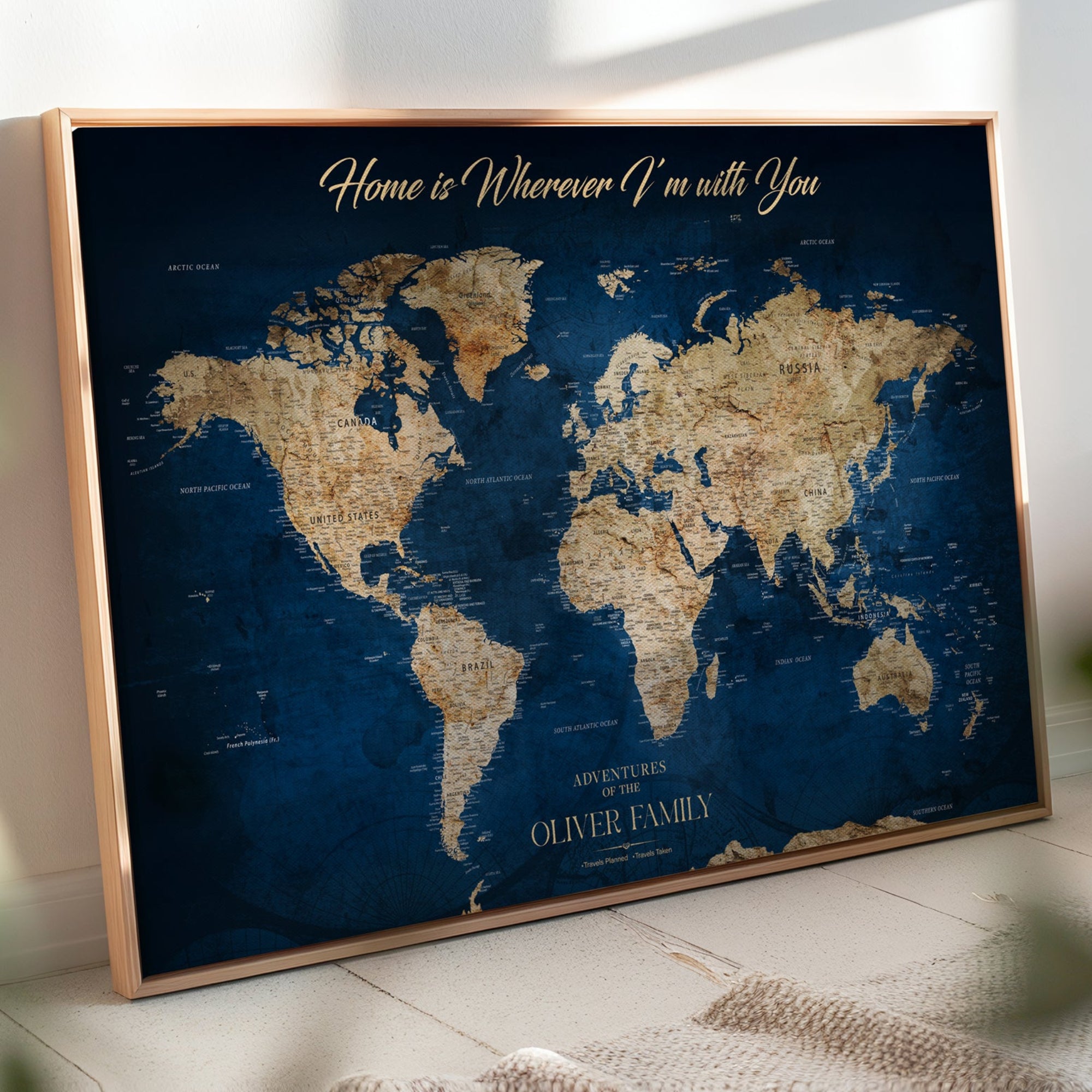 Rehber01-MGV-CV-36X24-Custom Push Pin World Map Personalized Travel Tracker Canvas Gift Framed Anniversary Decor for Home, Office