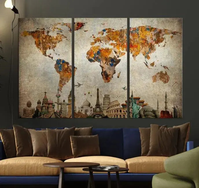 The Map of the World and Seven Wonders Grunge Wall Art Canvas Print is a breathtaking three-panel masterpiece crafted on museum-quality canvas. It features famous landmarks depicted at the bottom, effortlessly elevating the decor with its ready-to-hang design.