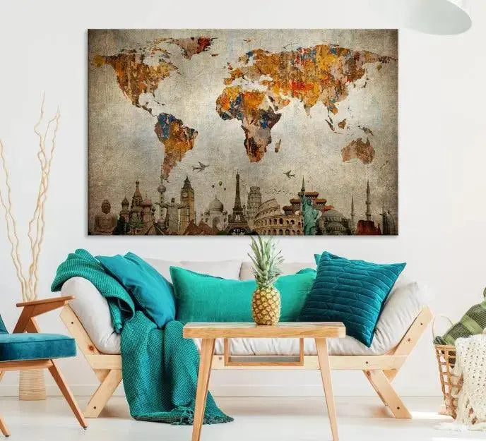 The Map of the World and Seven Wonders Grunge Wall Art Canvas Print is a breathtaking three-panel masterpiece crafted on museum-quality canvas. It features famous landmarks depicted at the bottom, effortlessly elevating the decor with its ready-to-hang design.