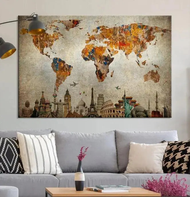 The Map of the World and Seven Wonders Grunge Wall Art Canvas Print is a breathtaking three-panel masterpiece crafted on museum-quality canvas. It features famous landmarks depicted at the bottom, effortlessly elevating the decor with its ready-to-hang design.