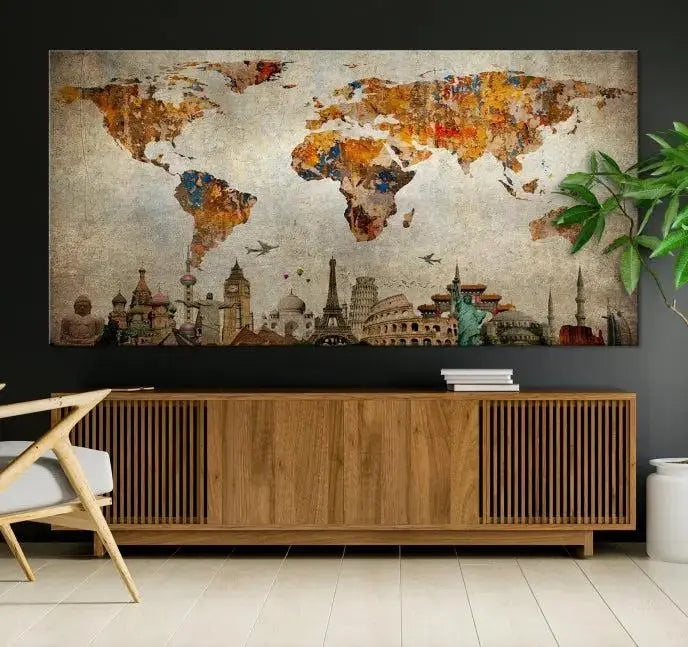 The Map of the World and Seven Wonders Grunge Wall Art Canvas Print is a breathtaking three-panel masterpiece crafted on museum-quality canvas. It features famous landmarks depicted at the bottom, effortlessly elevating the decor with its ready-to-hang design.