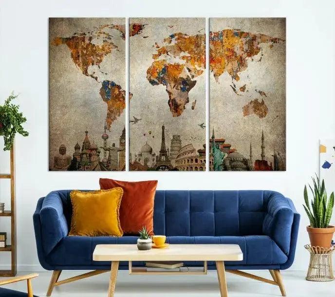 The Map of the World and Seven Wonders Grunge Wall Art Canvas Print is a breathtaking three-panel masterpiece crafted on museum-quality canvas. It features famous landmarks depicted at the bottom, effortlessly elevating the decor with its ready-to-hang design.