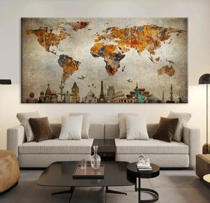 The Map of the World and Seven Wonders Grunge Wall Art Canvas Print is a breathtaking three-panel masterpiece crafted on museum-quality canvas. It features famous landmarks depicted at the bottom, effortlessly elevating the decor with its ready-to-hang design.