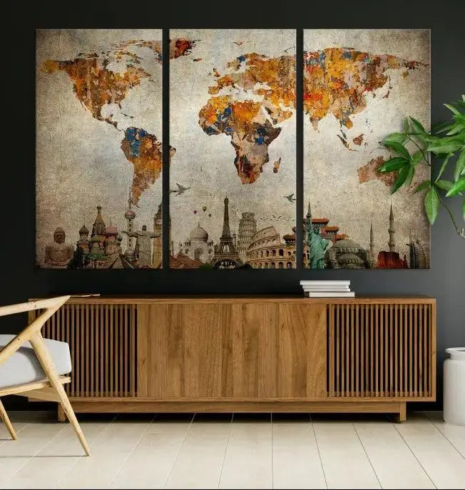 The Map of the World and Seven Wonders Grunge Wall Art Canvas Print is a breathtaking three-panel masterpiece crafted on museum-quality canvas. It features famous landmarks depicted at the bottom, effortlessly elevating the decor with its ready-to-hang design.