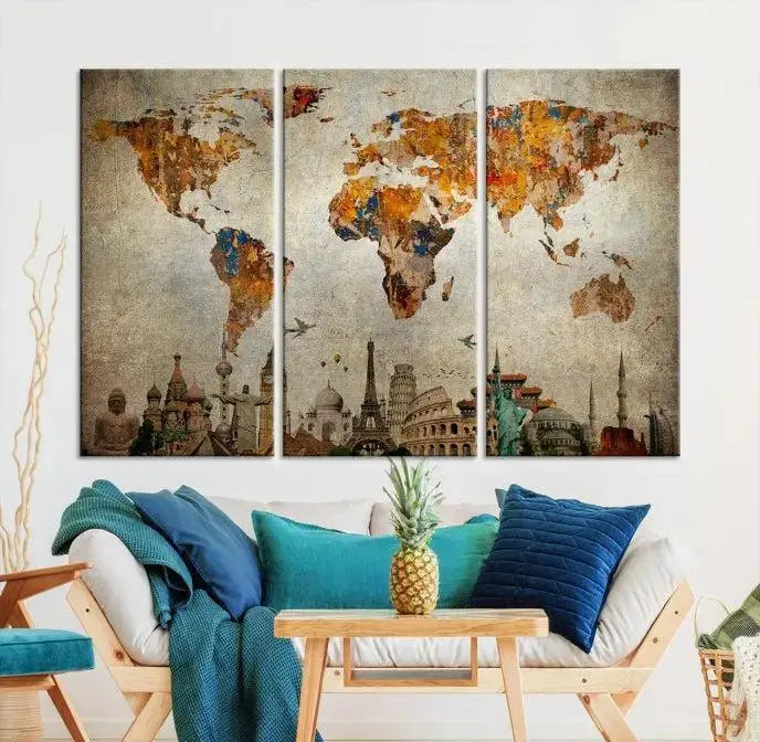 The Map of the World and Seven Wonders Grunge Wall Art Canvas Print is a breathtaking three-panel masterpiece crafted on museum-quality canvas. It features famous landmarks depicted at the bottom, effortlessly elevating the decor with its ready-to-hang design.