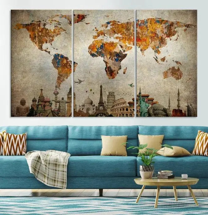 The Map of the World and Seven Wonders Grunge Wall Art Canvas Print is a breathtaking three-panel masterpiece crafted on museum-quality canvas. It features famous landmarks depicted at the bottom, effortlessly elevating the decor with its ready-to-hang design.