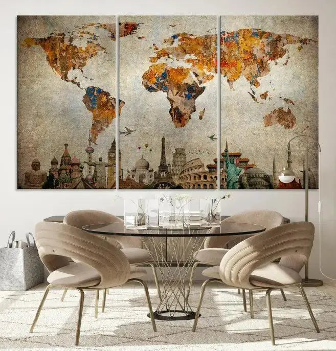 The Map of the World and Seven Wonders Grunge Wall Art Canvas Print is a breathtaking three-panel masterpiece crafted on museum-quality canvas. It features famous landmarks depicted at the bottom, effortlessly elevating the decor with its ready-to-hang design.