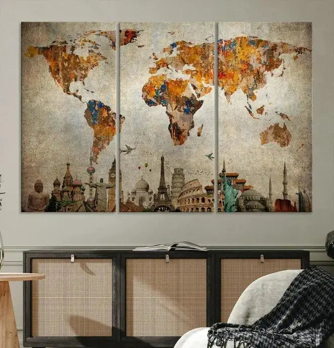 The Map of the World and Seven Wonders Grunge Wall Art Canvas Print is a breathtaking three-panel masterpiece crafted on museum-quality canvas. It features famous landmarks depicted at the bottom, effortlessly elevating the decor with its ready-to-hang design.