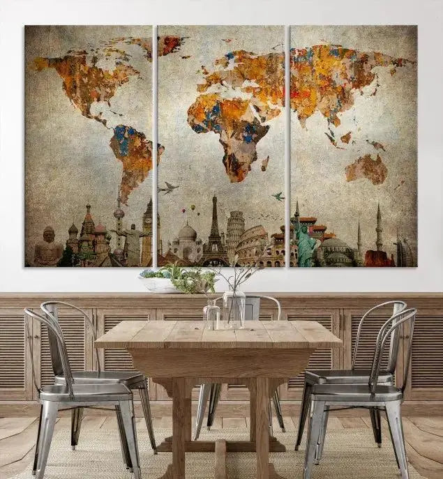 The Map of the World and Seven Wonders Grunge Wall Art Canvas Print is a breathtaking three-panel masterpiece crafted on museum-quality canvas. It features famous landmarks depicted at the bottom, effortlessly elevating the decor with its ready-to-hang design.