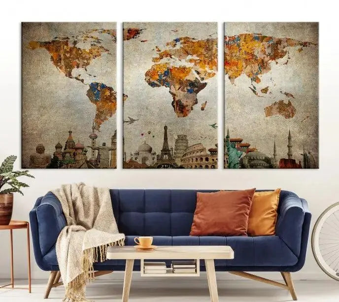 The Map of the World and Seven Wonders Grunge Wall Art Canvas Print is a breathtaking three-panel masterpiece crafted on museum-quality canvas. It features famous landmarks depicted at the bottom, effortlessly elevating the decor with its ready-to-hang design.