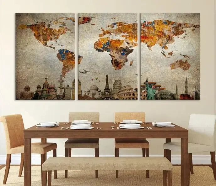 The Map of the World and Seven Wonders Grunge Wall Art Canvas Print is a breathtaking three-panel masterpiece crafted on museum-quality canvas. It features famous landmarks depicted at the bottom, effortlessly elevating the decor with its ready-to-hang design.