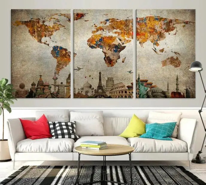 The Map of the World and Seven Wonders Grunge Wall Art Canvas Print is a breathtaking three-panel masterpiece crafted on museum-quality canvas. It features famous landmarks depicted at the bottom, effortlessly elevating the decor with its ready-to-hang design.