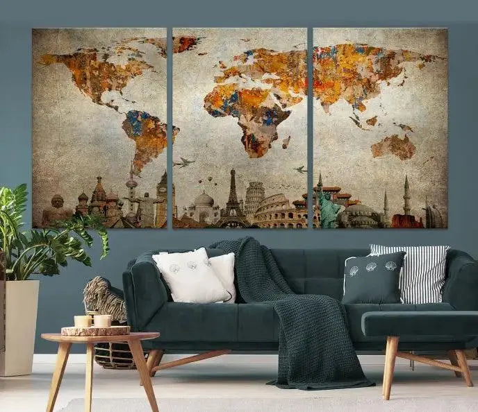 The Map of the World and Seven Wonders Grunge Wall Art Canvas Print is a breathtaking three-panel masterpiece crafted on museum-quality canvas. It features famous landmarks depicted at the bottom, effortlessly elevating the decor with its ready-to-hang design.