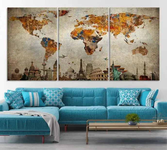 The Map of the World and Seven Wonders Grunge Wall Art Canvas Print is a breathtaking three-panel masterpiece crafted on museum-quality canvas. It features famous landmarks depicted at the bottom, effortlessly elevating the decor with its ready-to-hang design.