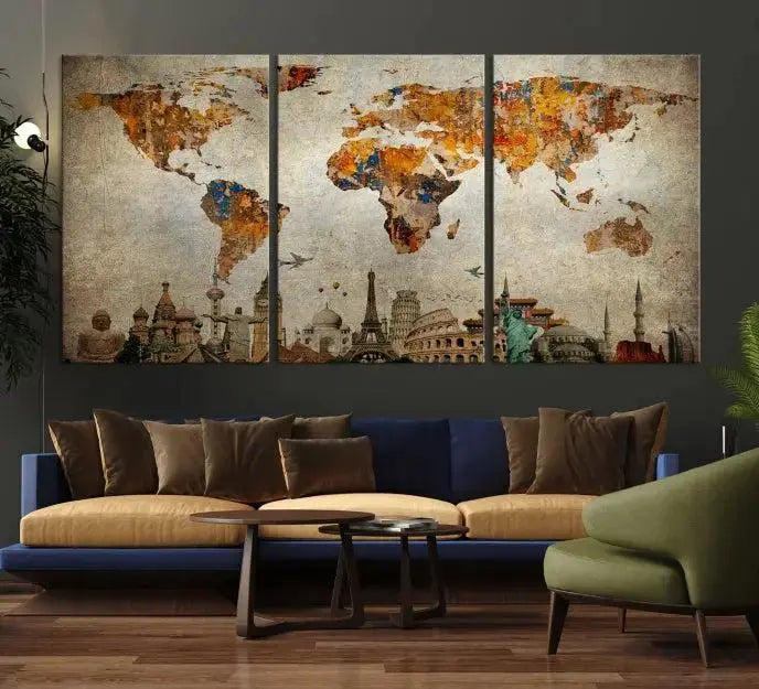 The Map of the World and Seven Wonders Grunge Wall Art Canvas Print is a breathtaking three-panel masterpiece crafted on museum-quality canvas. It features famous landmarks depicted at the bottom, effortlessly elevating the decor with its ready-to-hang design.