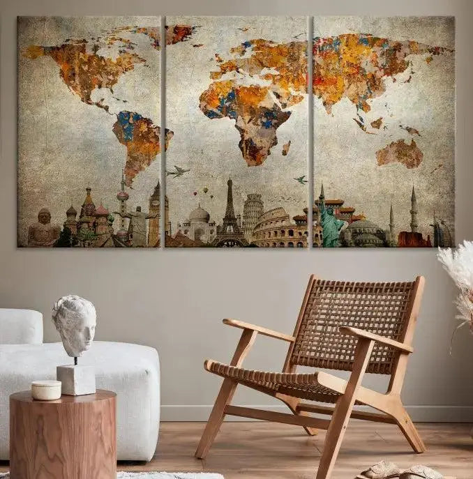 The Map of the World and Seven Wonders Grunge Wall Art Canvas Print is a breathtaking three-panel masterpiece crafted on museum-quality canvas. It features famous landmarks depicted at the bottom, effortlessly elevating the decor with its ready-to-hang design.