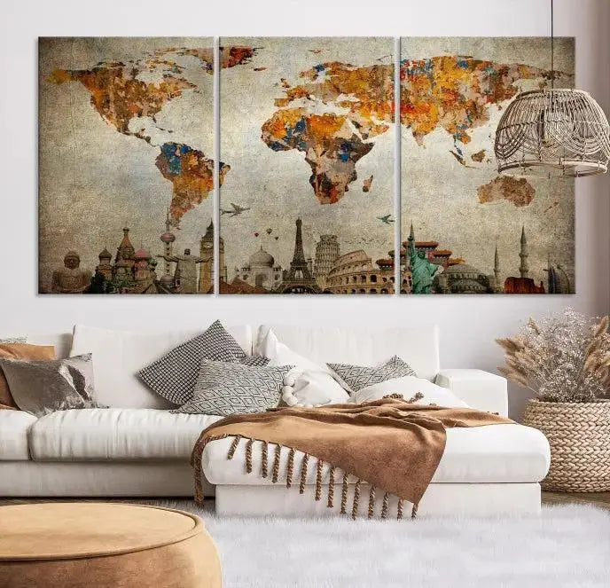 The Map of the World and Seven Wonders Grunge Wall Art Canvas Print is a breathtaking three-panel masterpiece crafted on museum-quality canvas. It features famous landmarks depicted at the bottom, effortlessly elevating the decor with its ready-to-hang design.