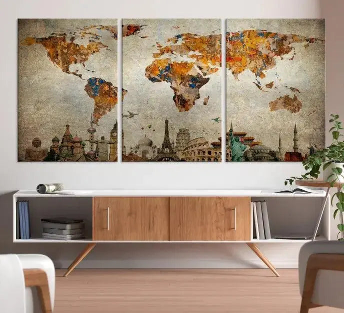 The Map of the World and Seven Wonders Grunge Wall Art Canvas Print is a breathtaking three-panel masterpiece crafted on museum-quality canvas. It features famous landmarks depicted at the bottom, effortlessly elevating the decor with its ready-to-hang design.