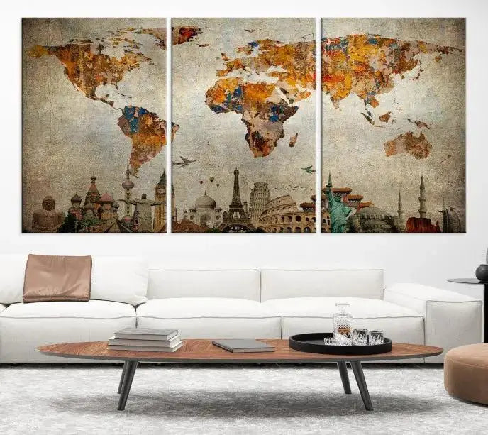 The Map of the World and Seven Wonders Grunge Wall Art Canvas Print is a breathtaking three-panel masterpiece crafted on museum-quality canvas. It features famous landmarks depicted at the bottom, effortlessly elevating the decor with its ready-to-hang design.