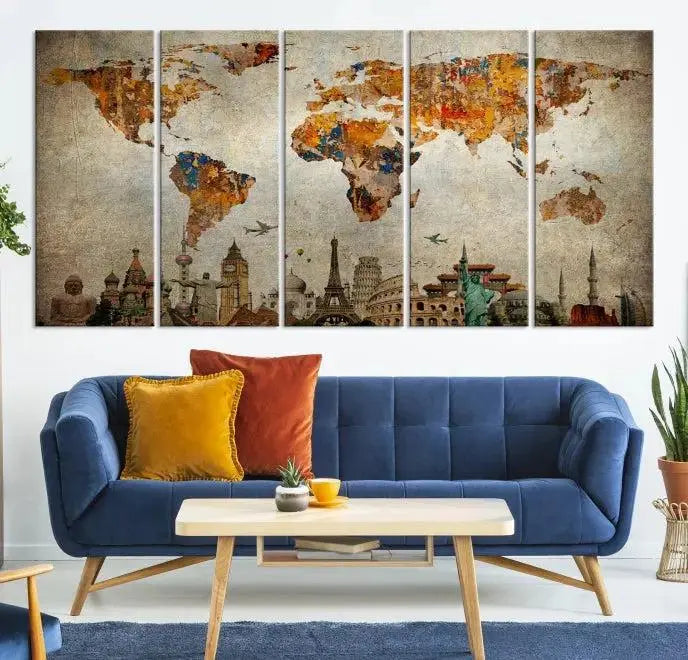 The Map of the World and Seven Wonders Grunge Wall Art Canvas Print is a breathtaking three-panel masterpiece crafted on museum-quality canvas. It features famous landmarks depicted at the bottom, effortlessly elevating the decor with its ready-to-hang design.