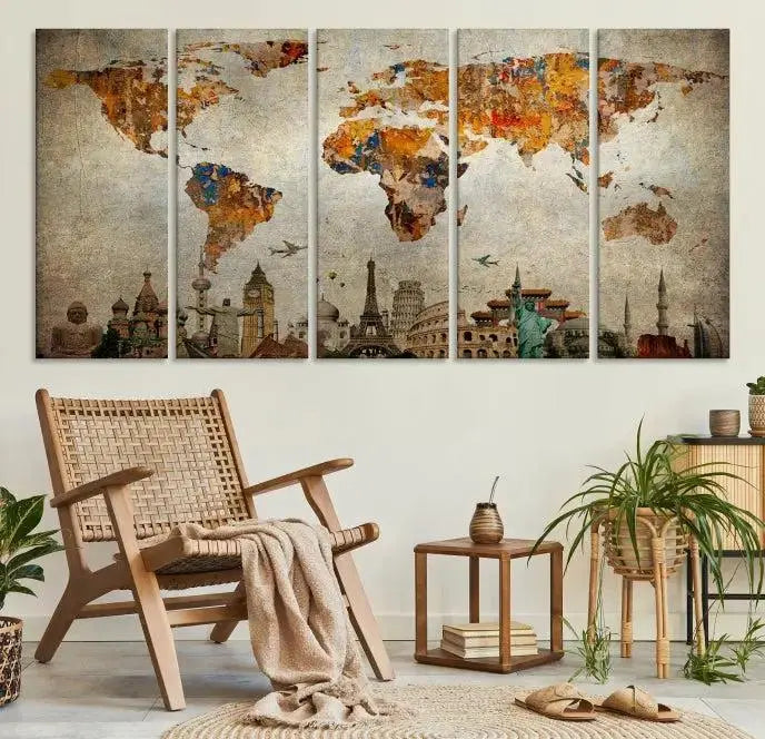 The Map of the World and Seven Wonders Grunge Wall Art Canvas Print is a breathtaking three-panel masterpiece crafted on museum-quality canvas. It features famous landmarks depicted at the bottom, effortlessly elevating the decor with its ready-to-hang design.