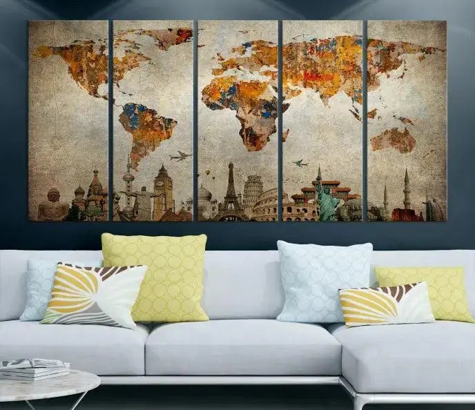 The Map of the World and Seven Wonders Grunge Wall Art Canvas Print is a breathtaking three-panel masterpiece crafted on museum-quality canvas. It features famous landmarks depicted at the bottom, effortlessly elevating the decor with its ready-to-hang design.