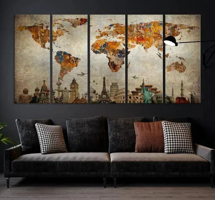 The Map of the World and Seven Wonders Grunge Wall Art Canvas Print is a breathtaking three-panel masterpiece crafted on museum-quality canvas. It features famous landmarks depicted at the bottom, effortlessly elevating the decor with its ready-to-hang design.