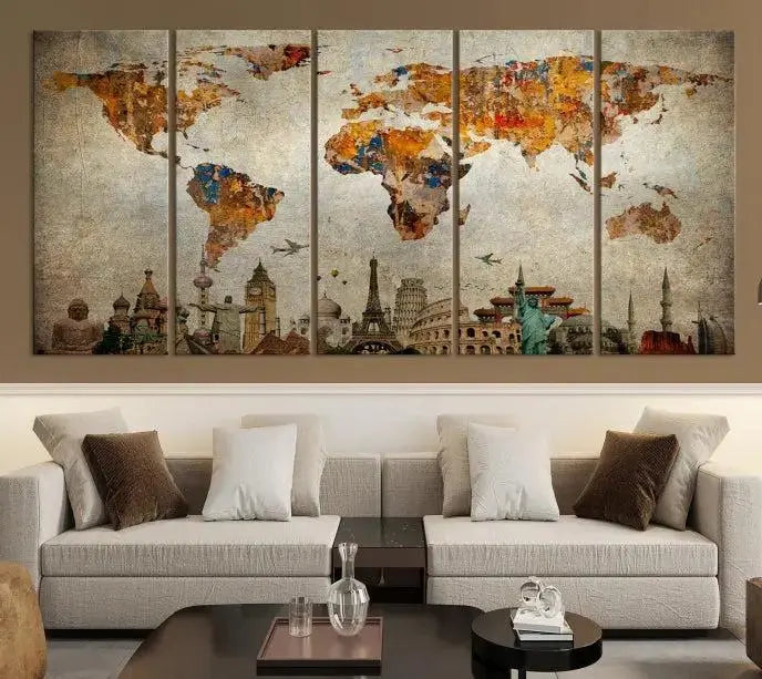 The Map of the World and Seven Wonders Grunge Wall Art Canvas Print is a breathtaking three-panel masterpiece crafted on museum-quality canvas. It features famous landmarks depicted at the bottom, effortlessly elevating the decor with its ready-to-hang design.