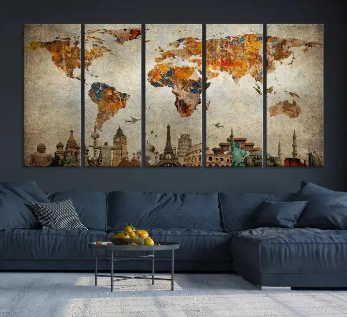 The Map of the World and Seven Wonders Grunge Wall Art Canvas Print is a breathtaking three-panel masterpiece crafted on museum-quality canvas. It features famous landmarks depicted at the bottom, effortlessly elevating the decor with its ready-to-hang design.