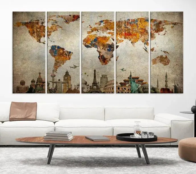 The Map of the World and Seven Wonders Grunge Wall Art Canvas Print is a breathtaking three-panel masterpiece crafted on museum-quality canvas. It features famous landmarks depicted at the bottom, effortlessly elevating the decor with its ready-to-hang design.