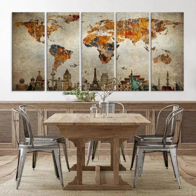 The Map of the World and Seven Wonders Grunge Wall Art Canvas Print is a breathtaking three-panel masterpiece crafted on museum-quality canvas. It features famous landmarks depicted at the bottom, effortlessly elevating the decor with its ready-to-hang design.