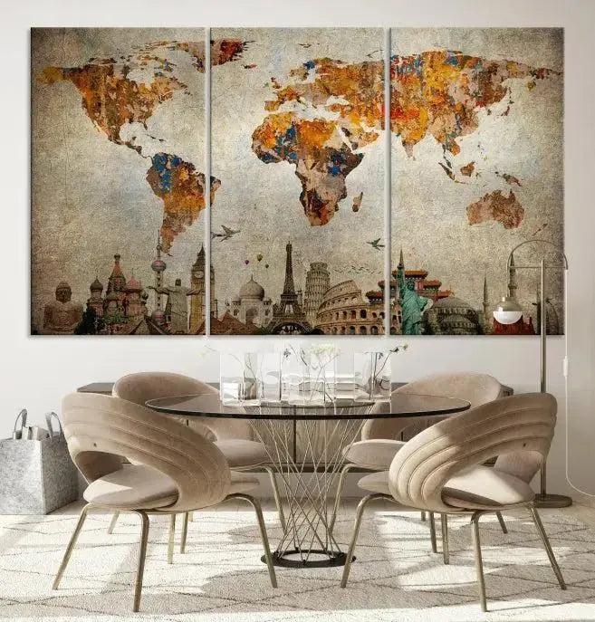 Edit-Images-Map of the World and Seven Wonders Grunge Wall Art Canvas Print