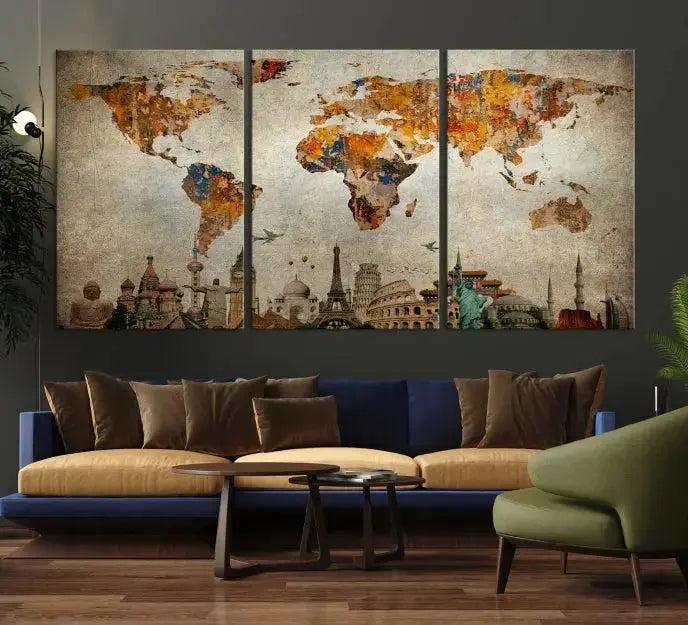 Edit-Images-Map of the World and Seven Wonders Grunge Wall Art Canvas Print