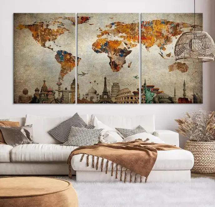 Edit-Images-Map of the World and Seven Wonders Grunge Wall Art Canvas Print