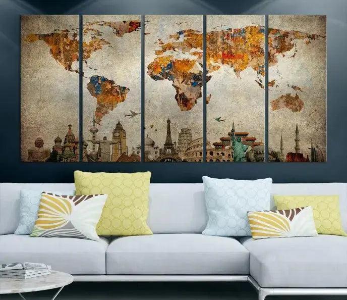 Edit-Images-Map of the World and Seven Wonders Grunge Wall Art Canvas Print