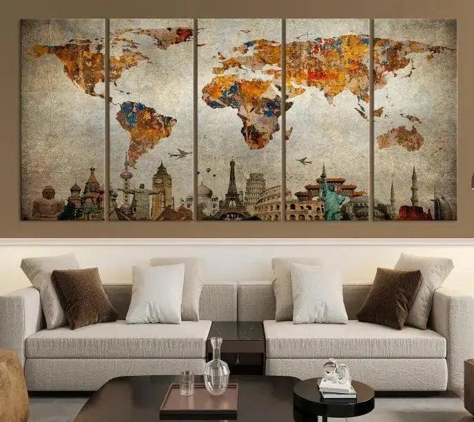 Edit-Images-Map of the World and Seven Wonders Grunge Wall Art Canvas Print
